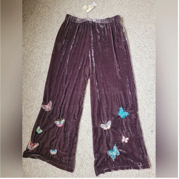 Johnny Was NWT Velvet Wide Leg Pants butterfly embroidery Brown size XXL - Picture 5 of 8